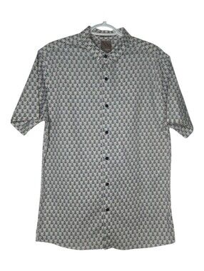 A Frame Mens Blue Moth Insect Print Slim Fit Short Sleeve Button Up Shirt Large